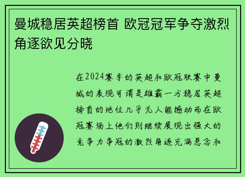 曼城稳居英超榜首 欧冠冠军争夺激烈角逐欲见分晓 曼城稳居英超榜首 欧冠冠军争夺激烈角逐欲见分晓