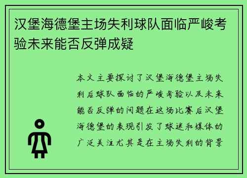 汉堡海德堡主场失利球队面临严峻考验未来能否反弹成疑 汉堡海德堡主场失利球队面临严峻考验未来能否反弹成疑