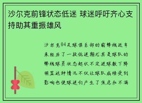 沙尔克前锋状态低迷 球迷呼吁齐心支持助其重振雄风 沙尔克前锋状态低迷 球迷呼吁齐心支持助其重振雄风